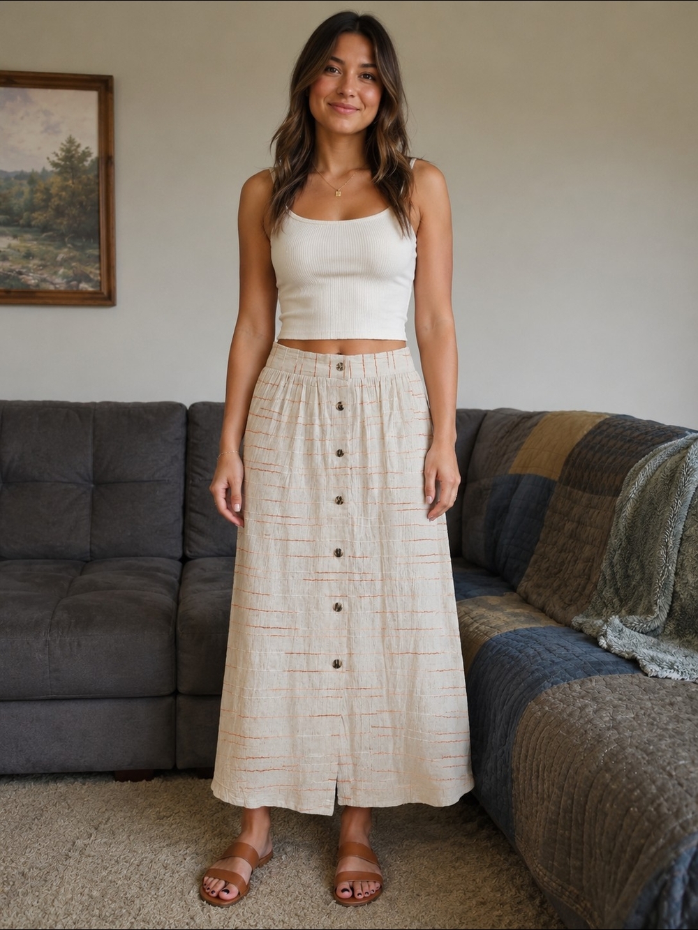 Linen Blend Button Front Midi Skirt